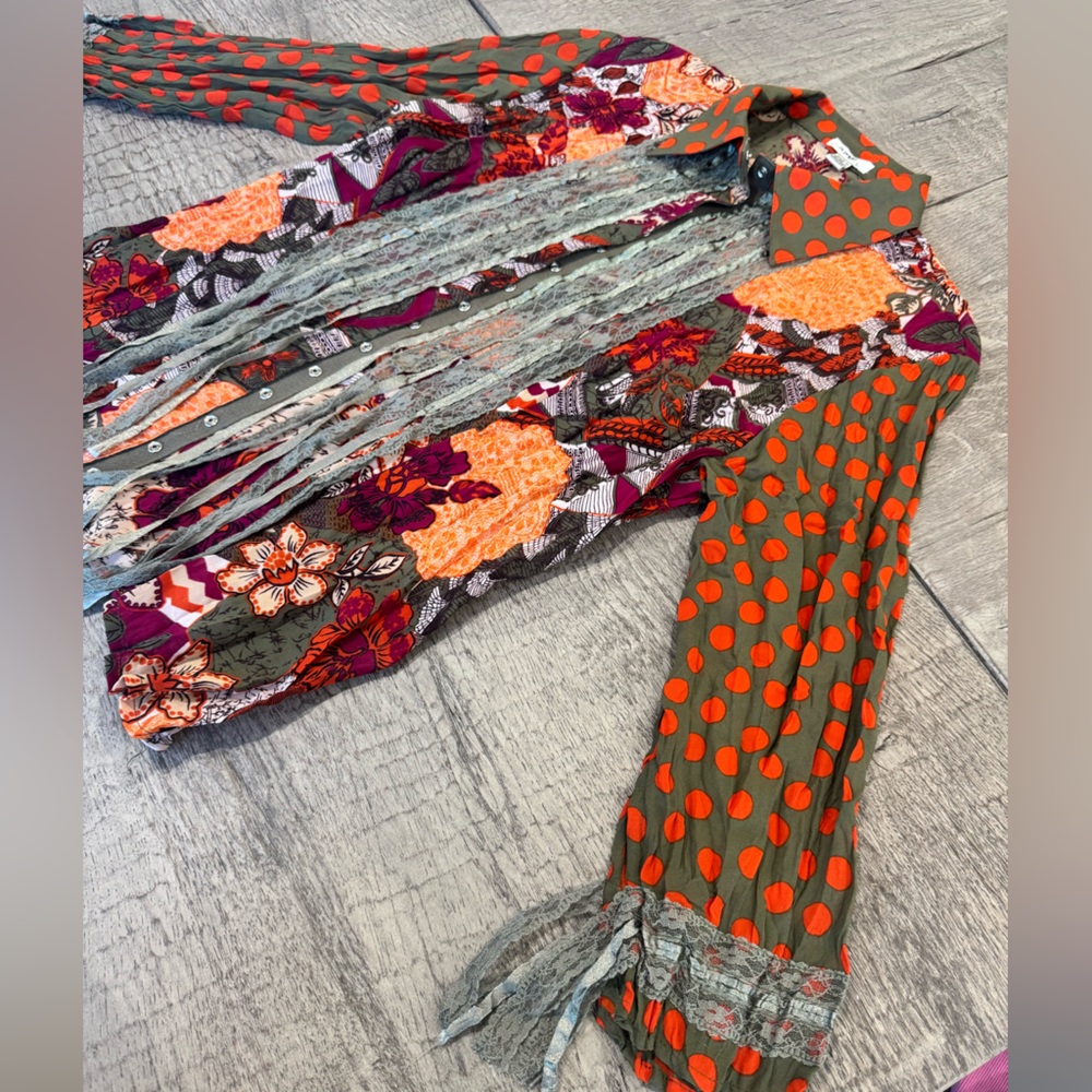 Jaipur Boho Patchwork Button Up Floral Fringe Blo… - image 2